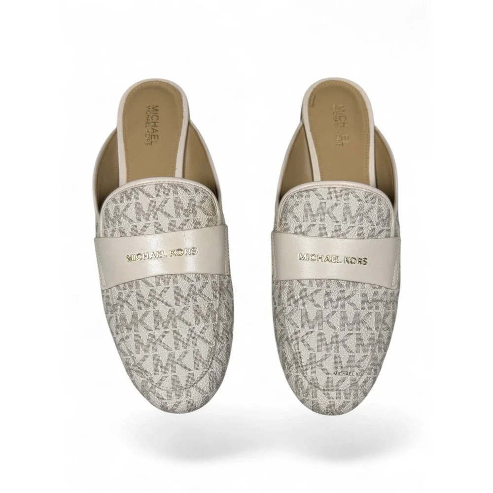 Michael Kors Womens Cream MK Logo Monogram Pointed Toe Mule Loafers 8M PV24L